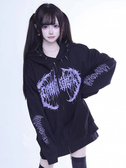 Zip Jirai Hoodie Rivet-Decorated Purple Kei Black Printed