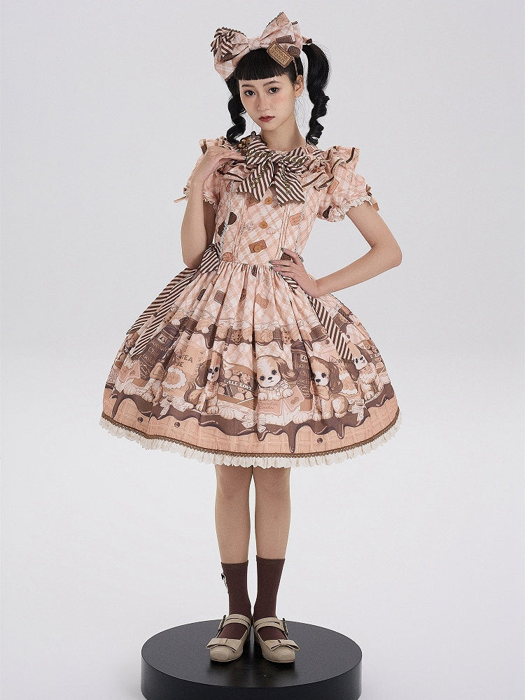 Süßes Lolita-Kleid mit kurzen Ärmeln und Welpen- und Keks-Print in Gelb