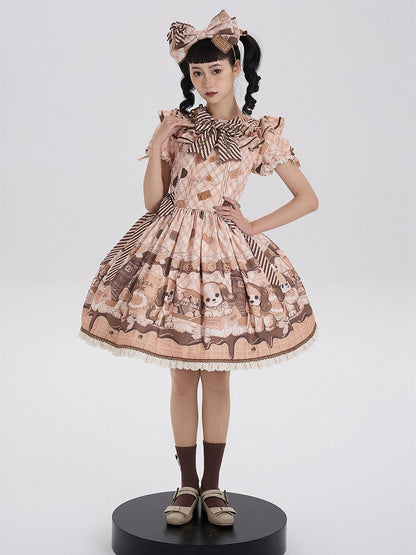 Süßes Lolita-Kleid mit kurzen Ärmeln und Welpen- und Keks-Print in Gelb