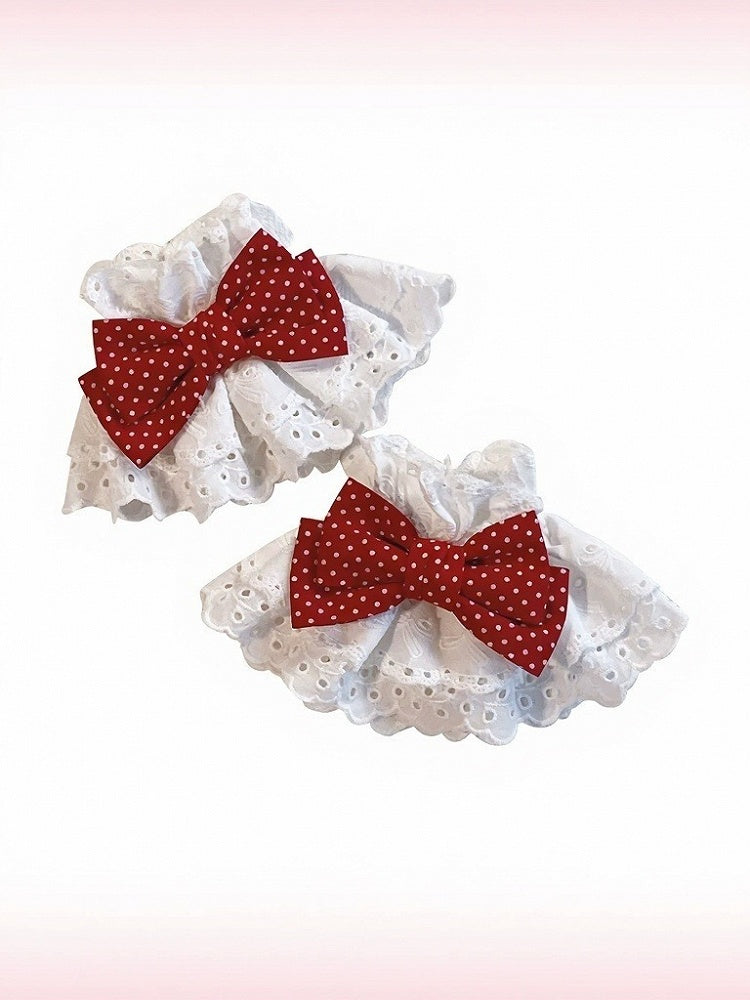 Wine Red Polka-Dot Lace-Trim Bow Wrist Cuffs - Honey Village