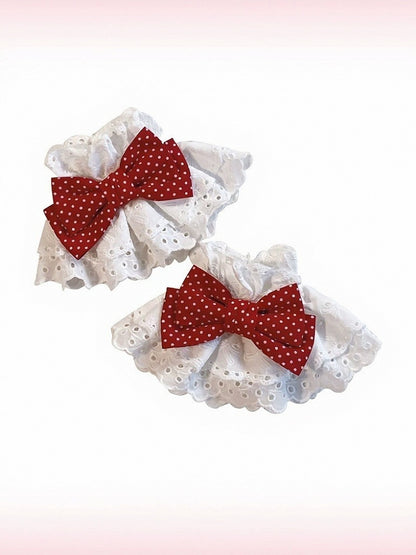 Wine Red Polka-Dot Lace-Trim Bow Wrist Cuffs - Honey Village