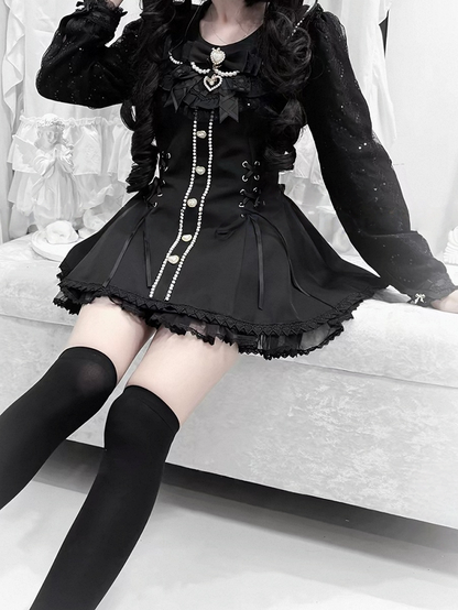 Black Jirai-Kei Lace Long Sleeve Dress with Bow & Bead Decorations + Shorts - AOSpace