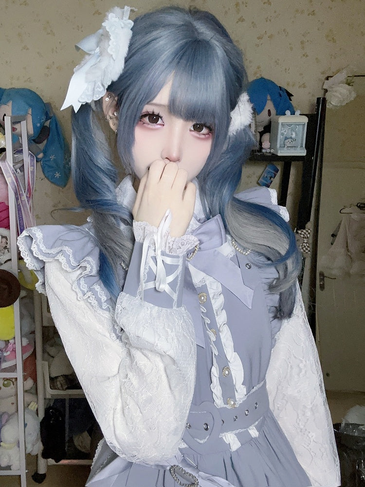 Heart Jirai Dusty Details Blue Decorated Kei Rhinestone Bowknot