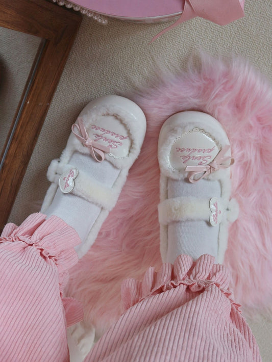 Flats Heart Button Snap with Embroidery Letter Accents Sweet PU Beige Cozy Fleece Lining