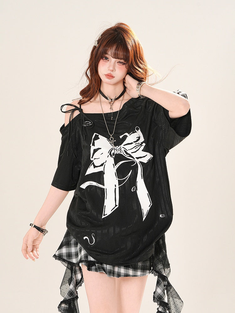 Black/White Asymmetrical Neckline Big Bow Print Loose T-shirt