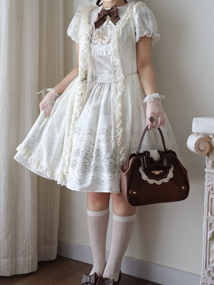 White and Piece Bodice Short Bowknot One Floral Embroidery Classic Version Lolita
