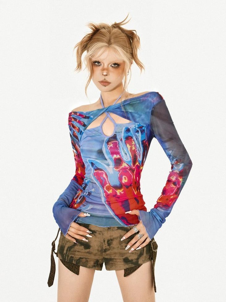 Red Blue Halter Neck Long Sleeve Top with Cut-Outs