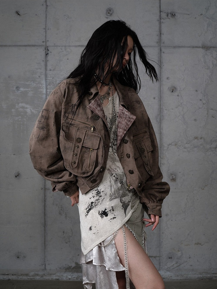 Coffee Pockets Detachable Studded Punk 3D Suede Collar Jacket Fur with Zipped Faux