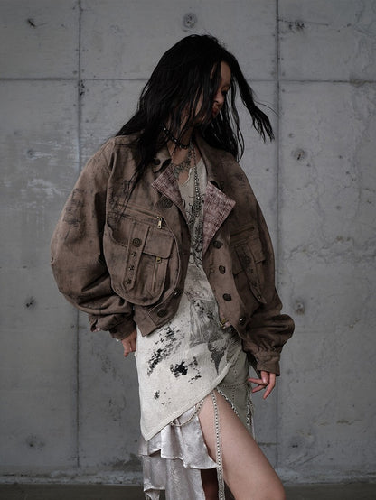 Coffee Pockets Detachable Studded Punk 3D Suede Collar Jacket Fur with Zipped Faux