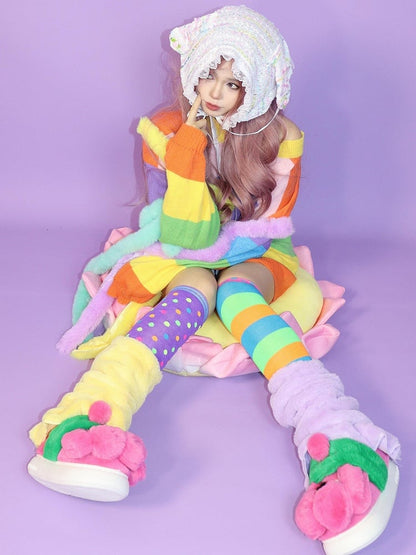 Stulpen Bein Bunt Overknee + Fashion Plushie Gestreift PerpleYellow Gyaru Strümpfe Und Muster Polka-Dot