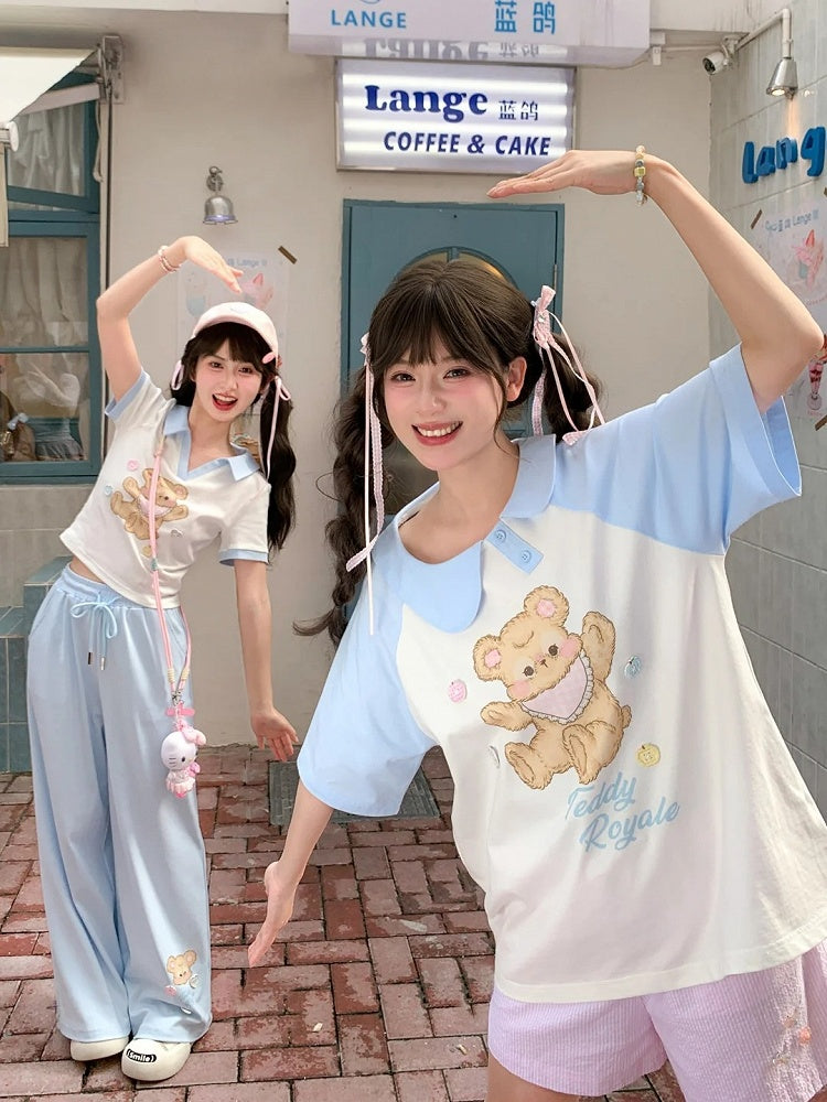 バージョンベアプリント アップル＆ハートボタン Tシャツ Vネック ホワイト ショート