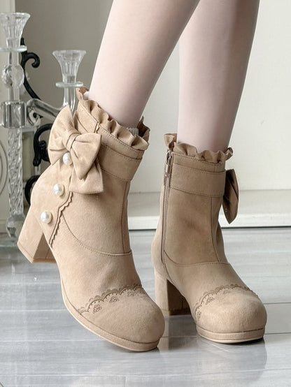 Beads Sophisticated Boots Lolita Mid-heel Khaki Details with