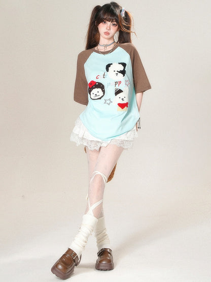 T-Shirt Plüsch Kawaii Beige/Blau Welpe Buchstaben Applikation Stickerei Alltag