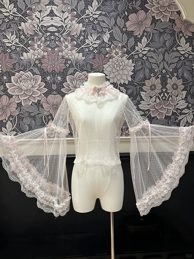 Sleeves Lolita Bell Sheer Lace-Trimmed Cuffs Top with Pink