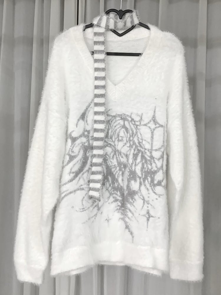 Print with Character Faux Fur White Sweater Cartoon