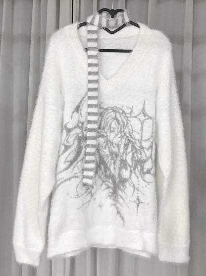Print with Character Faux Fur White Sweater Cartoon
