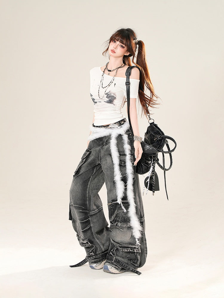 ブラック ローライズ カーゴポケット ワイドレッグ ジーンズ