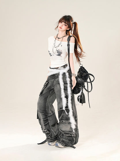 ブラック ローライズ カーゴポケット ワイドレッグ ジーンズ