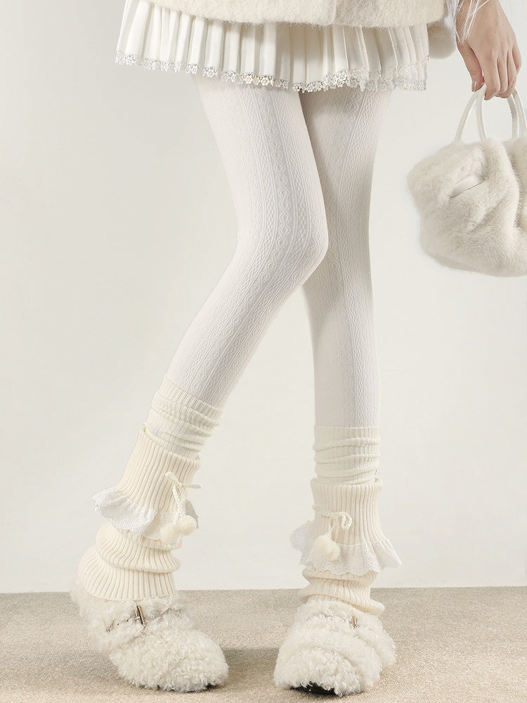 Warmers with Lace Collar 5 Pom-Poms Colors Trim Leg Turn-Down