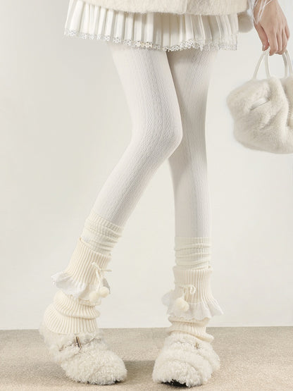 Warmers with Lace Collar 5 Pom-Poms Colors Trim Leg Turn-Down