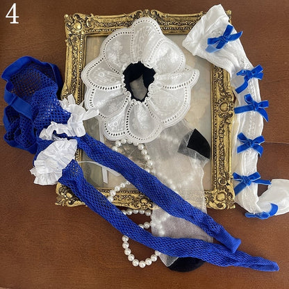 Trim Socks/Floral Cut-out Tulle Bowknot Design Stockings with Pattern Tights/White Lace Underknee Blue Fishnet