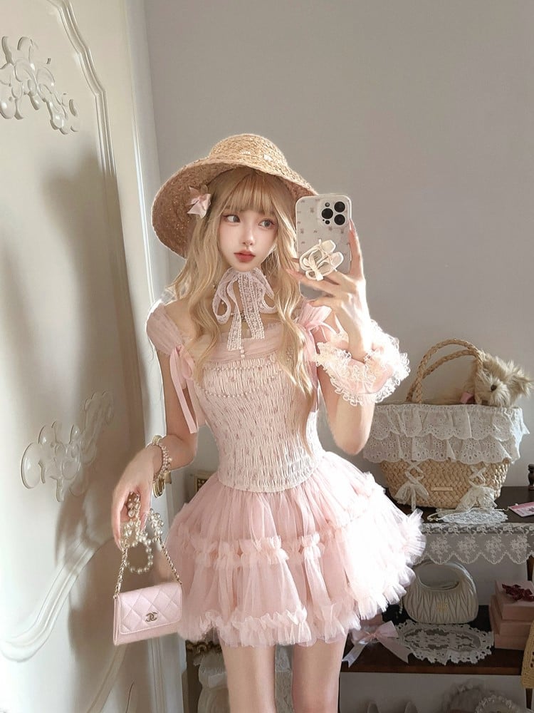 Slip Ribbon Tiered Mesh mit Perlen Akzente Abnehmbare Kette Kleid Rosa