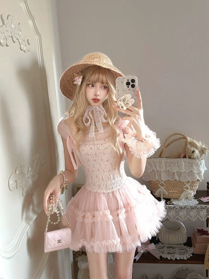 Slip Ribbon Tiered Mesh mit Perlen Akzente Abnehmbare Kette Kleid Rosa