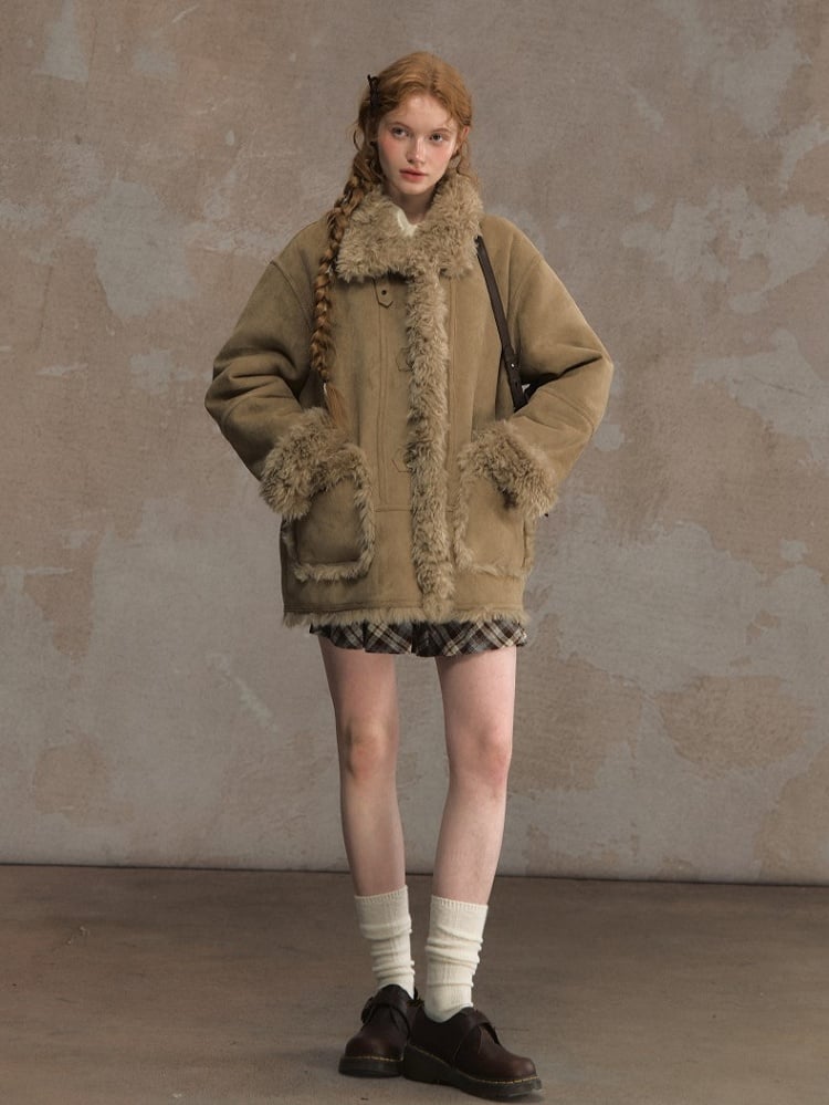 Reversible Suede and Fleece Coat with Fluffy Accents Khaki/Dark Brown