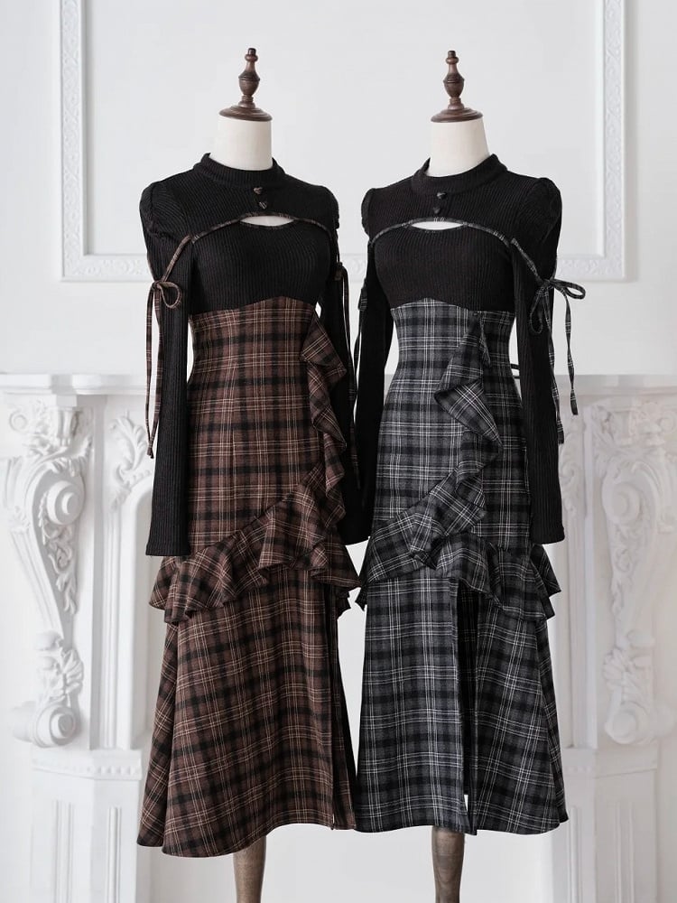 Brown Landmine Faux Two-Piece Plaid Knit Long-Sleeve Dress, Ruffles & Hem Slit - No Genki