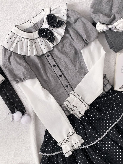 Front Button Sleeves Ruffle Polka Top: Collar Gray Dot with Juliette Kitten Aesthetic