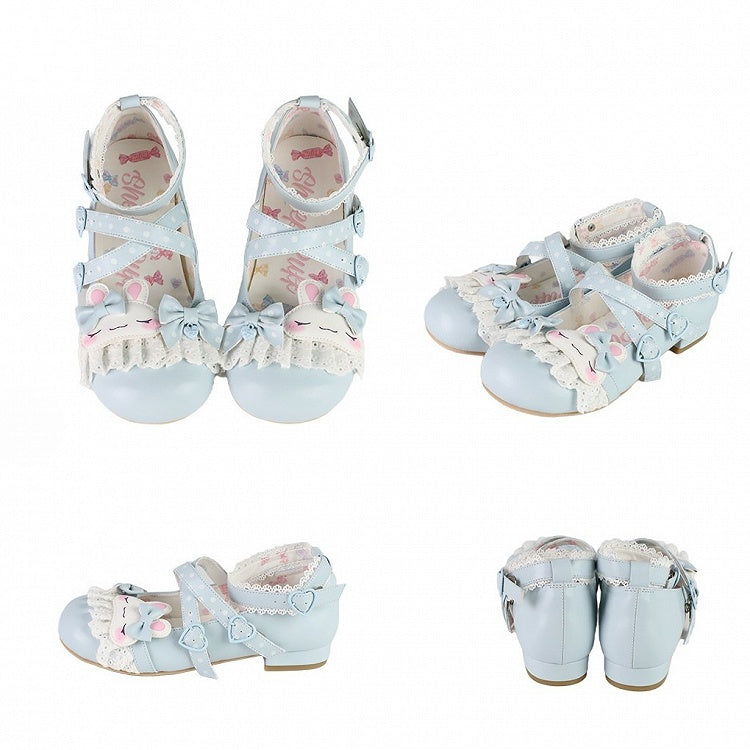 Sweet Design Crisscross Polka-dot Shoes Lolita Bunny Lace Applique Trim Pattern Details Bowknot Blue