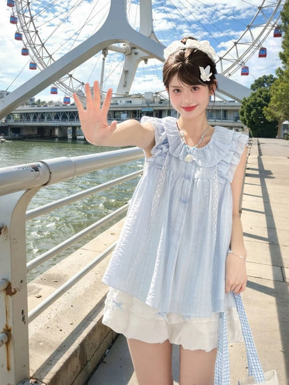 Sweet Tank Top Blue Peter Pan Collar Tiered Flutter Sleeves Bow Buttons