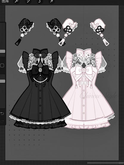 Keiセット - チャイナドレス（襟付き袖付き）+ショートパンツ+リボン（黒）Y2Kジライショートタイ+ヘアクリップ