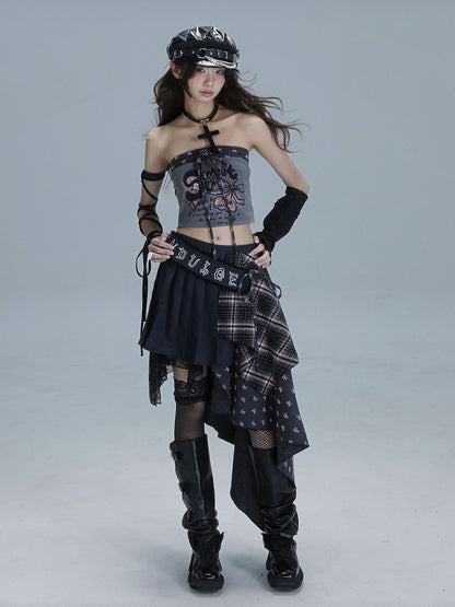 Gray Bow Pink Dark Plaid Asymmetrical Punk Pleated Skirt Print Panels with Patchwork