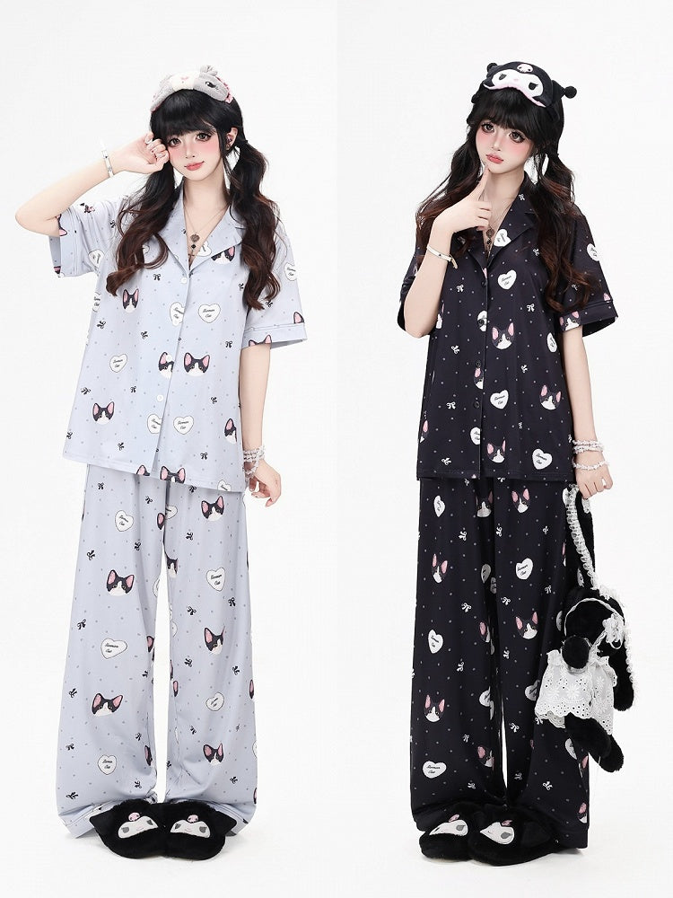 Otaku-Style Grey Lounge Wear Set: Kitten Print Short-Sleeve Top + Matching Pants - CRAZY GIRL