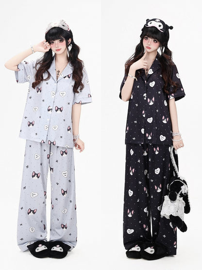 Otaku-Style Grey Lounge Wear Set: Kitten Print Short-Sleeve Top + Matching Pants - CRAZY GIRL