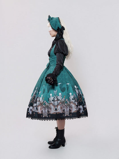 Green Skeleton Cross Gothic Lace Dress - NnSTAR