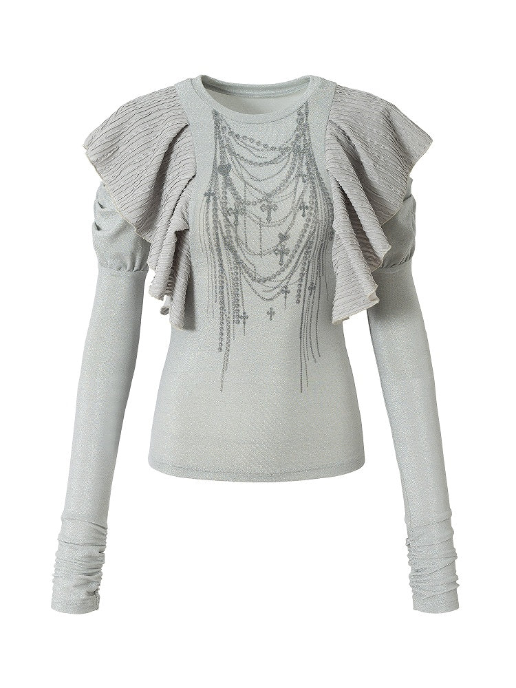 Chain Juliette Sleeves Flutter Blue Overlays Print Dusty with Top