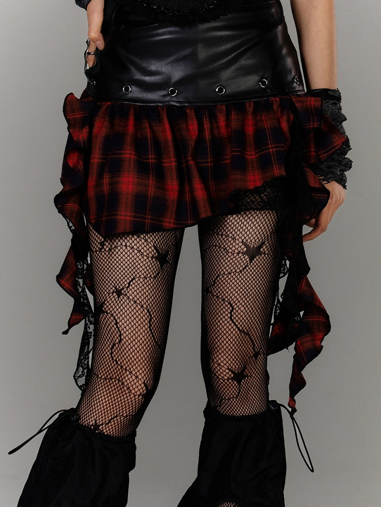 Ruffled Black PU Punk Skirt Hem Y2K Asymmetrical Red Plaid