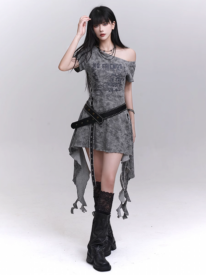 Belt Asymmetrical Neckline Cascading Ruffles Gray/Black Dress with Tie Dye Waist