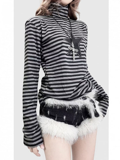 Black Striped Neck Long Star Pattern Gothic with High Top Applique Sleeves