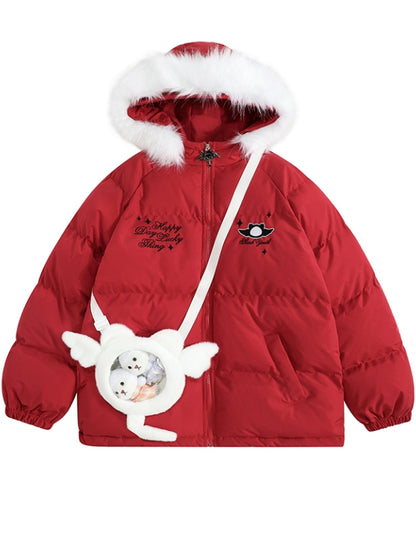 Schwarz/rote Pufferjacke mit Kapuze „Little Devil“ und gratis Ita-Tasche