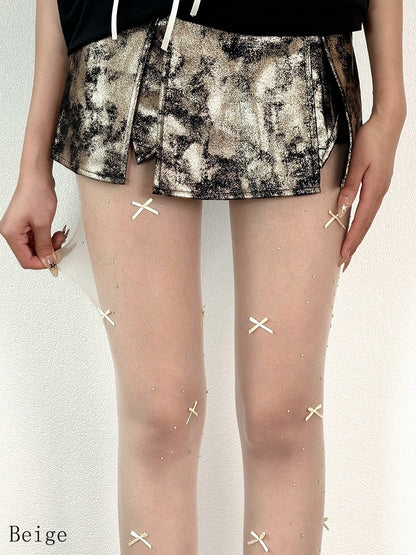 Decorated Tights Details Bowknot Beige/White/Nude Rhinestone