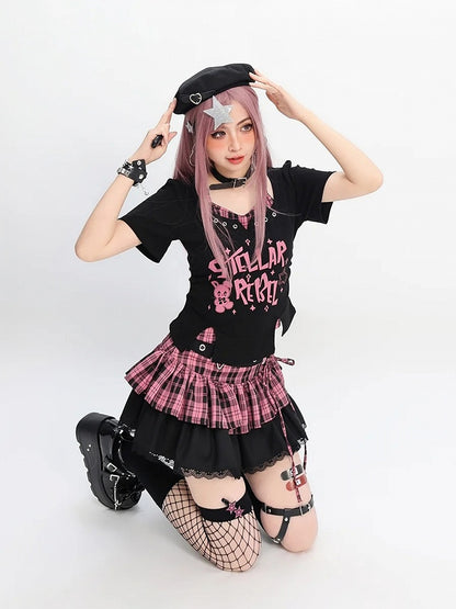 Buckle with Pink/Black  White Plaid Star Lace-up Y2K Black Tiered Skirt Detail