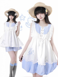 Bubble Skirt Plaid Flutter Sleeves Dress Blue Seashell and Starfish Embroidery White and