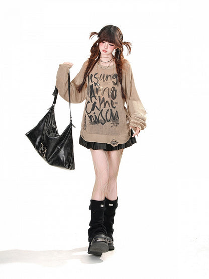 Top Distressed Weiß/Braun/Schwarz Buchstabendruck Löcher Sommer Sonnenschutz Aushöhlen