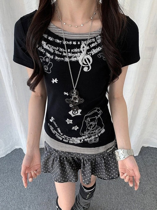 2-Color Round Neck Fake Two-Piece Striped Short Sleeve Top with Star Print - Solkatt