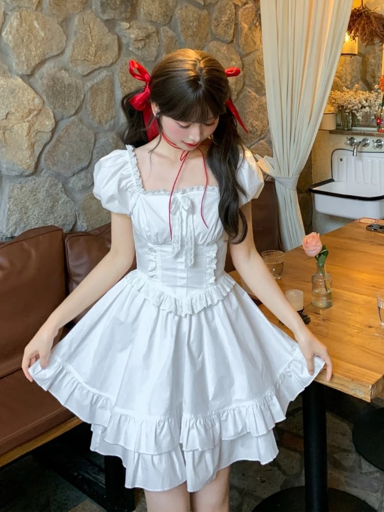 White Ruffled Square Neckline Puff Sleeves Tiered Ruffles Sweet Dress