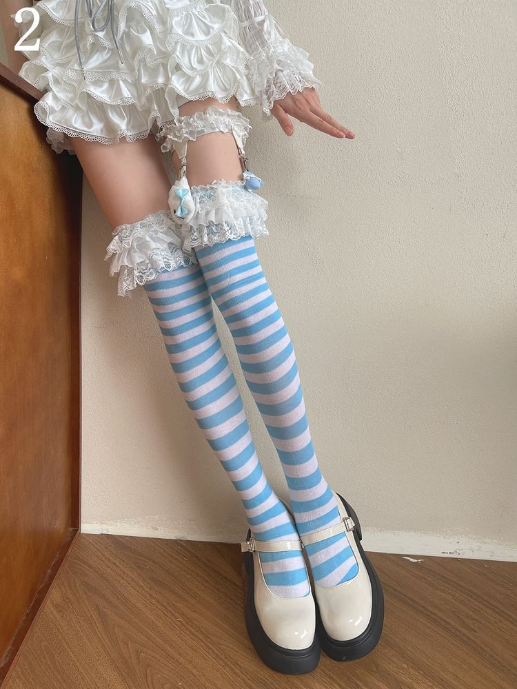 and Stockings Striped Lace Blue Overknee White Trim