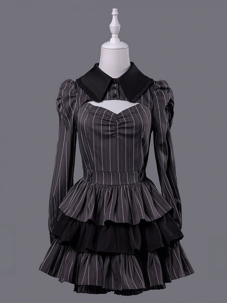Black Gray Jirai Kei Striped Collared Tiered Ruffle Dress Set - Fluffy Heart